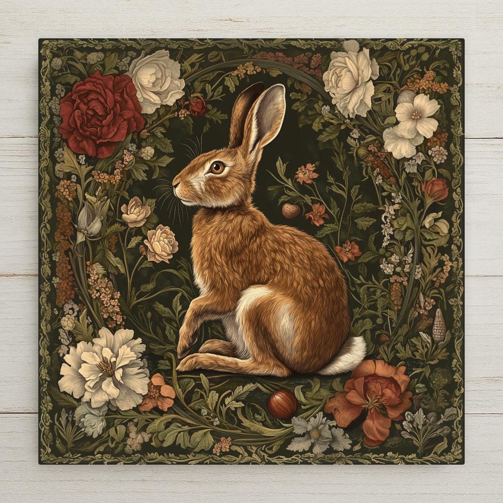 Bring a touch of timeless elegance to your space with this Rabbit Ceramic Tile Art Nouveau Wall Decor. Inspired by William Morris, this vintage-style tile features a charming hare design, perfect for bunny lovers. Add a touch of woodland magic to your home with this unique piece.