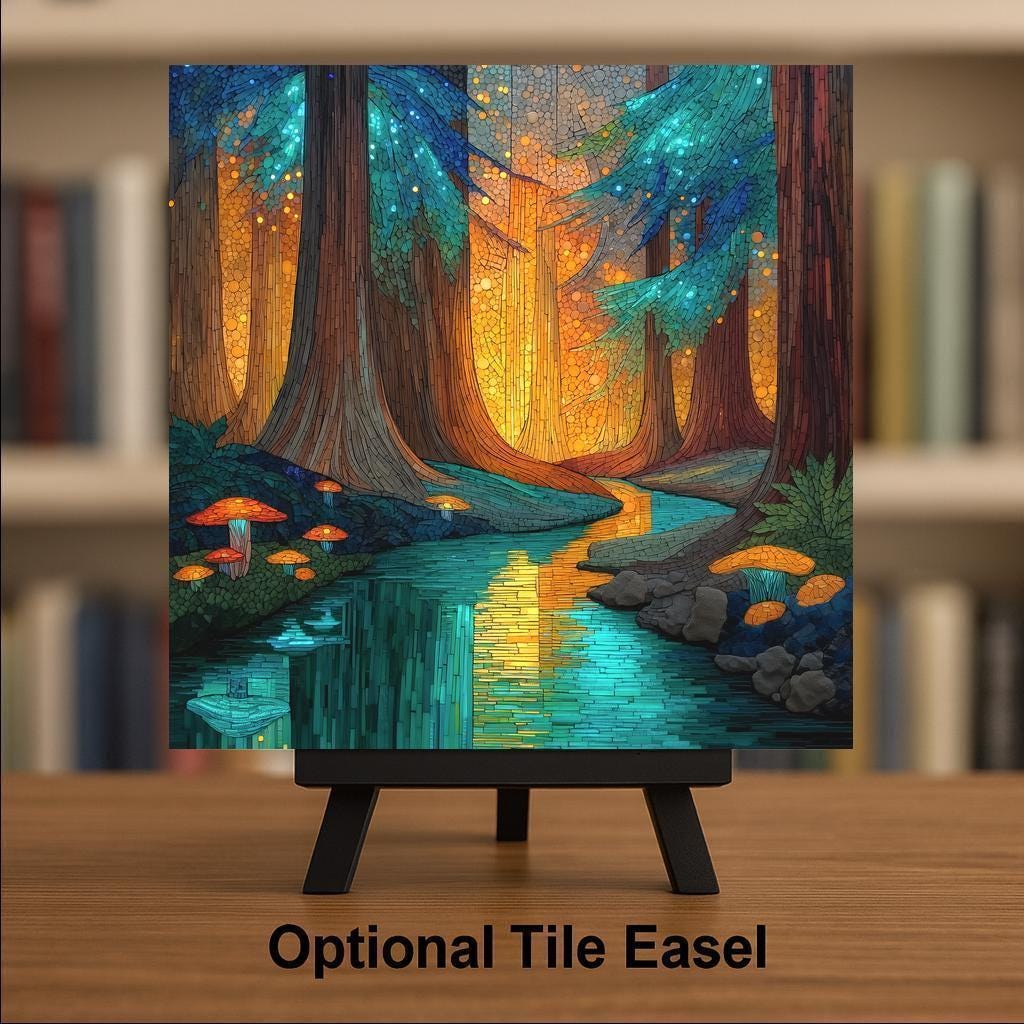 Redwood Forest Stained Glass Style Ceramic Art Tile: Cabin Wall Decor Nature Lover Gift Woodland Home Decor Wall Art California Pacific NW