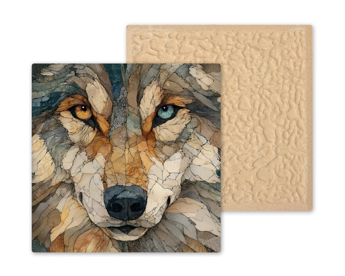 Wolf Wall Art Tile – Mosaic Style Wildlife Ceramic Home Decor with Intense Eyes, Rustic Cabin Accent, Nature Gift, Decorative Tile