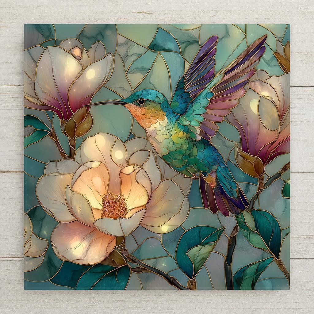 Stained glass style hummingbird ceramic tile hovering at a magnolia bloom in vivid teal emerald and rose tones, wings spread wide against a warm gold botanical background.