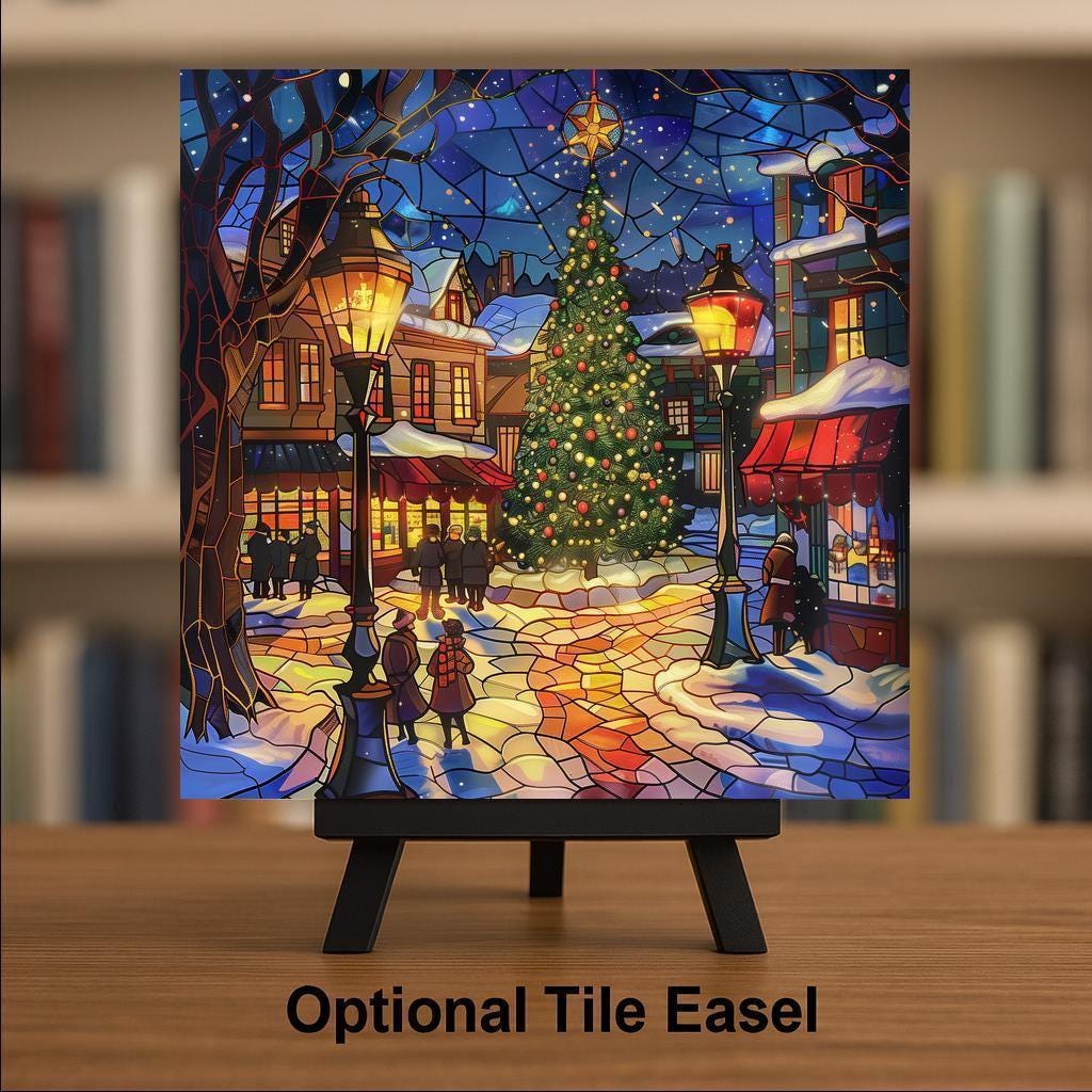 Christmas Town Wall Art Ceramic Tile Holiday Gift Stained Glass Style Decor Winter Scene Art Festive Home Giftr