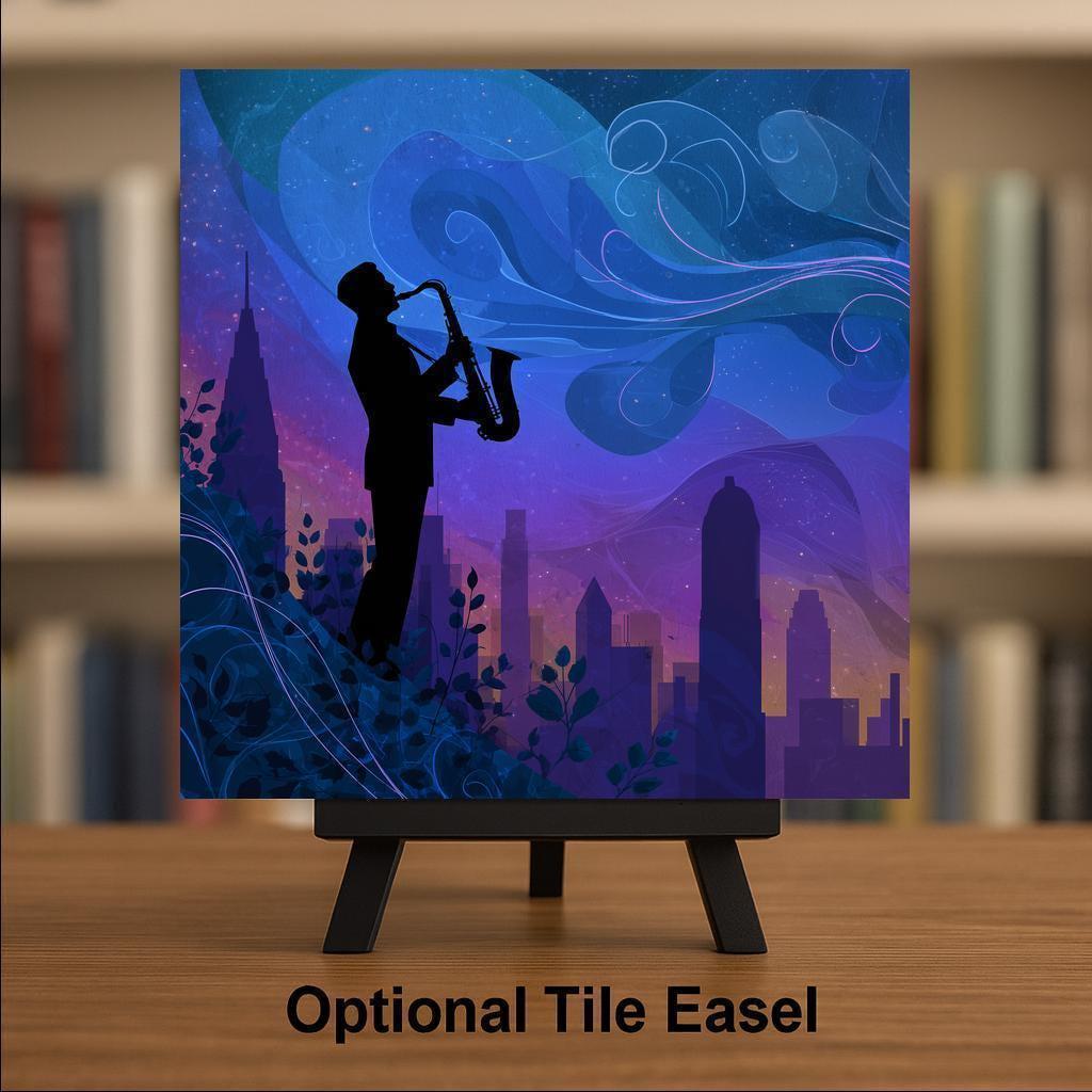Jazz Saxophonist Wall Art Ceramic Tile Music Lover Gift Jazz Decor Saxophone Art Night Sky Musician Tile