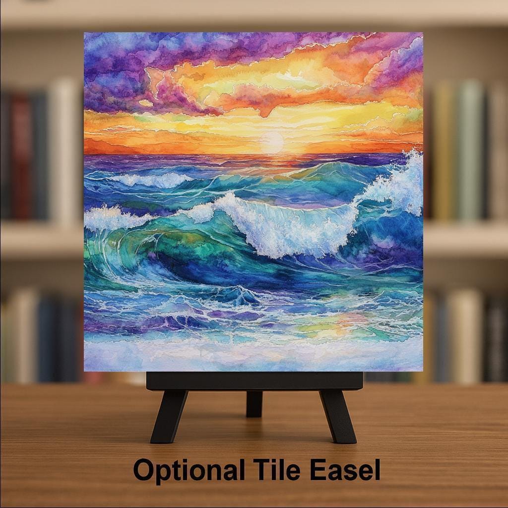 Ocean Sunset Stained Glass Style Ceramic Art Tile: Coastal Wall Decor Beach House Accent Ocean Home Decor Wall Art