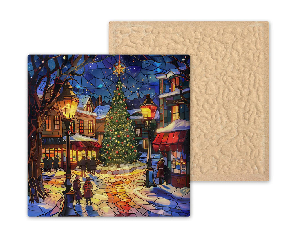 Christmas Town Wall Art Ceramic Tile Holiday Gift Stained Glass Style Decor Winter Scene Art Festive Home Giftr