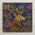 Scottish stag with large antlers surrounded by purple thistles and ornate botanical foliage in rich jewel tones.