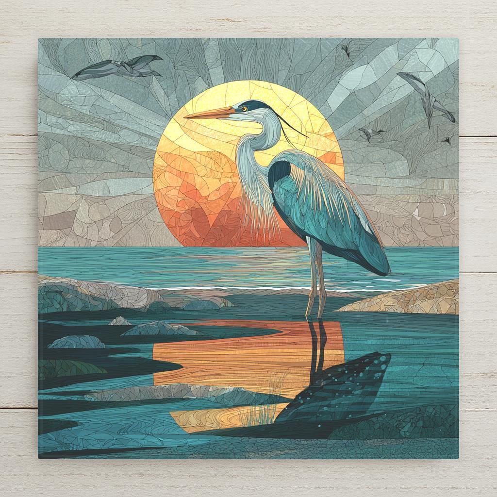 Great Blue Heron stained-glass style ceramic tile wall art with glowing ocean sunset and teal blue tones. Perfect for coastal wall decor or beach home decor. Optional frame, wall hanger, easel, or cork backing available.