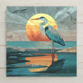 Great Blue Heron stained-glass style ceramic tile wall art with glowing ocean sunset and teal blue tones. Perfect for coastal wall decor or beach home decor. Optional frame, wall hanger, easel, or cork backing available.