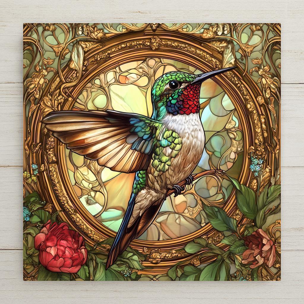 May include: A stained glass style hummingbird with green, blue, and brown feathers. The hummingbird is perched on a branch inside a gold frame with a colorful stained glass background.