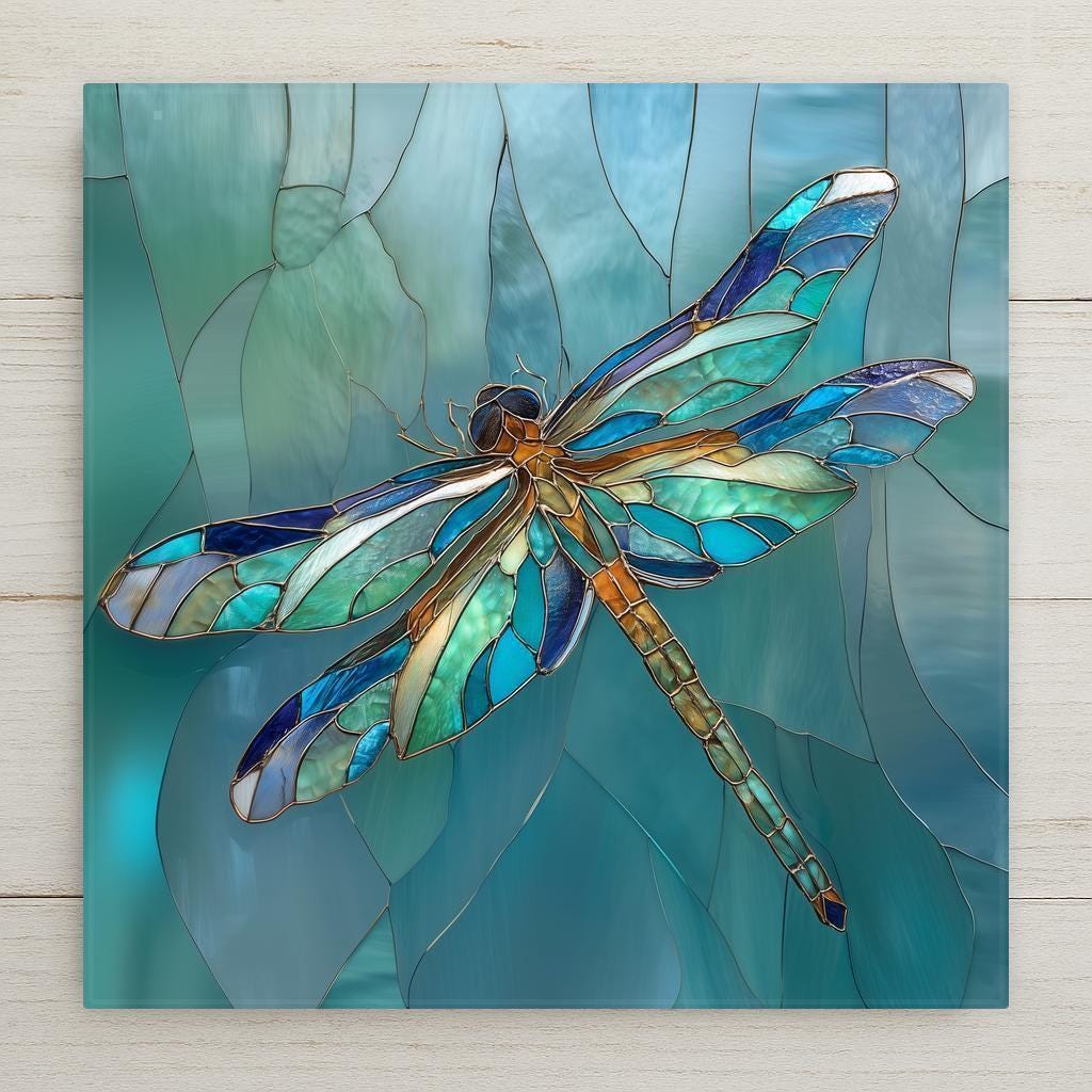 Stained glass style dragonfly ceramic tile in vivid teal cobalt and gold tones, wings spread against a luminous jewel-toned background, a meaningful memorial and nature lover gift.