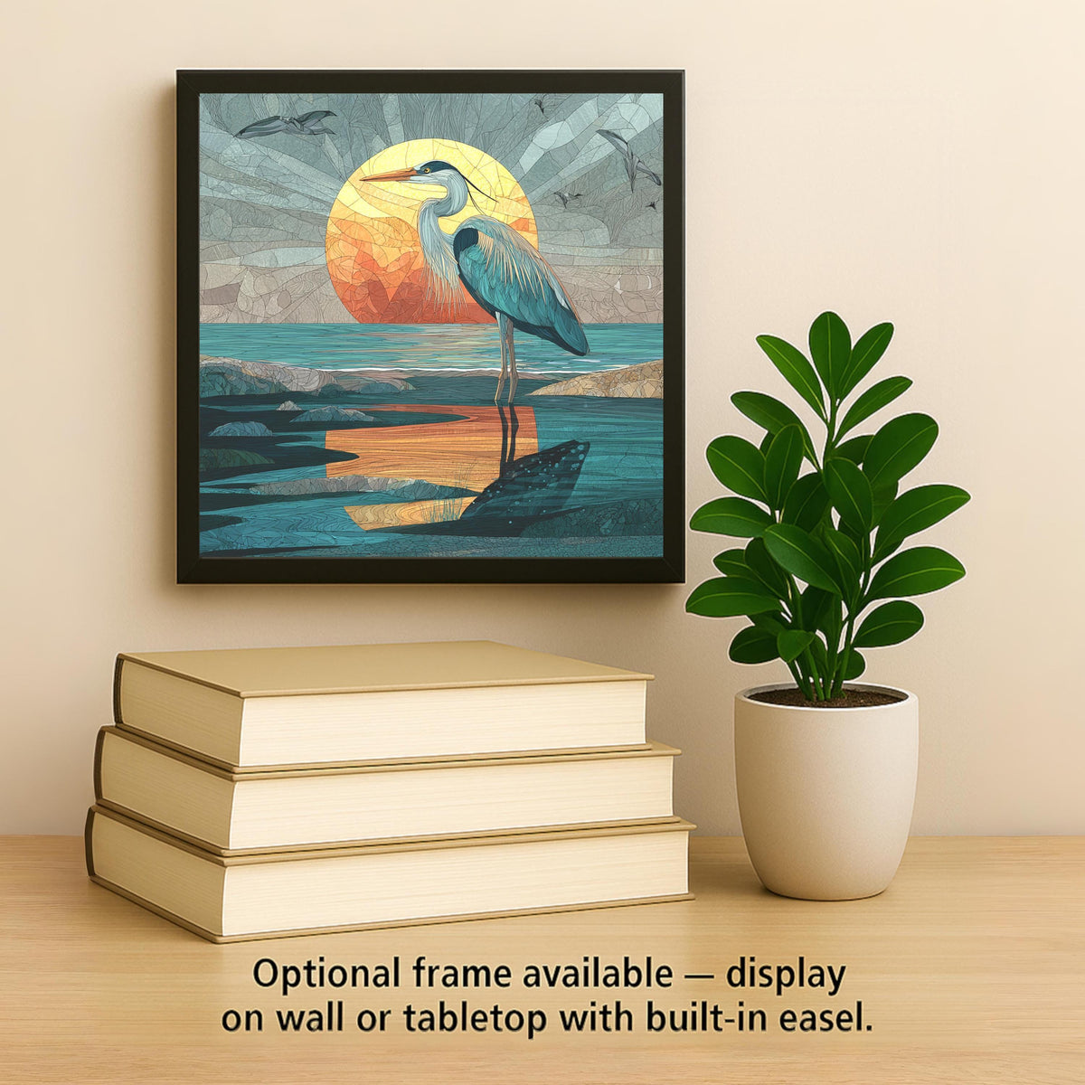 Coastal Great Blue Heron Stained Glass Style Ceramic Art Tile: Coastal Wall Decor Beach House Accent Ocean Home Decor Wall Art
