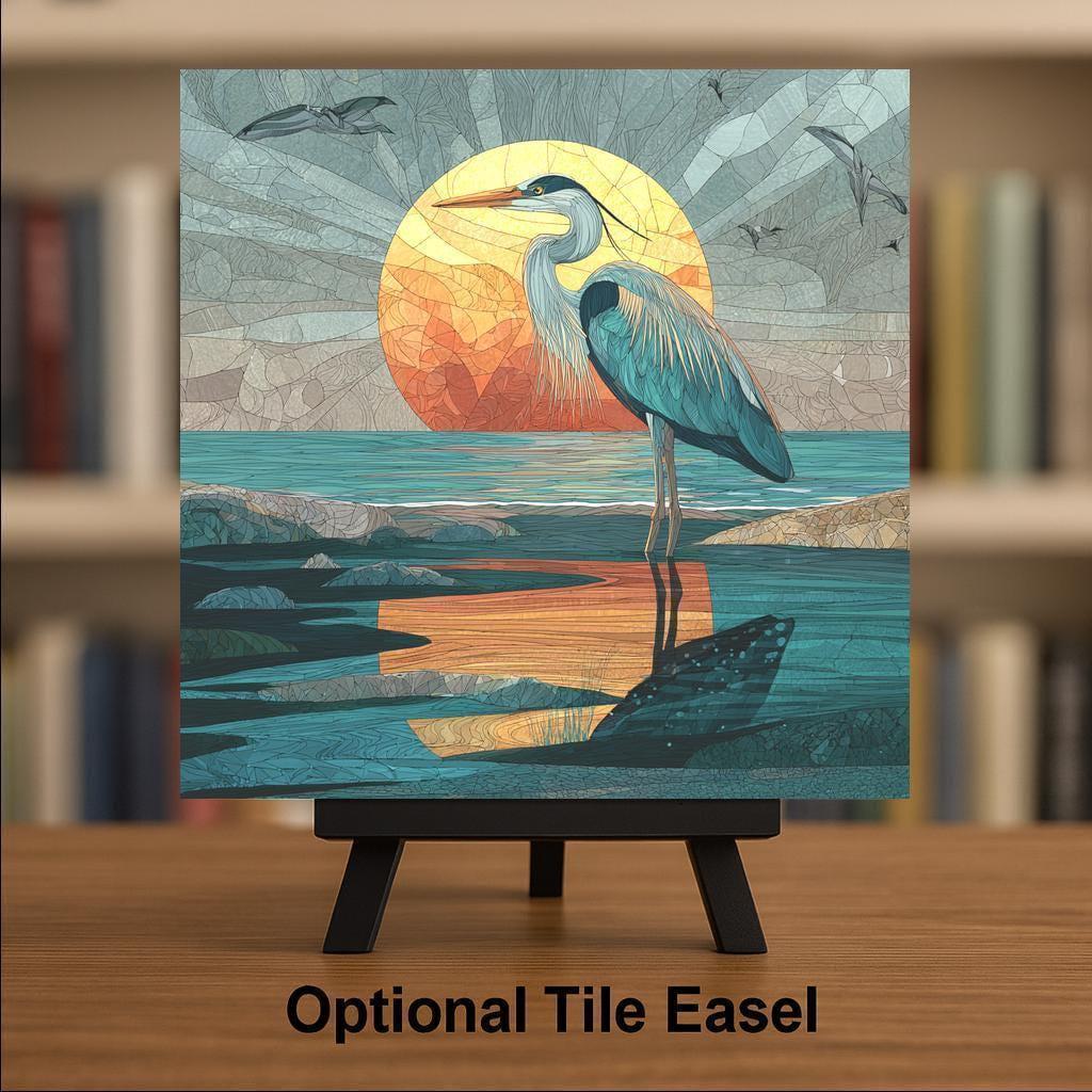 Coastal Great Blue Heron Stained Glass Style Ceramic Art Tile: Coastal Wall Decor Beach House Accent Ocean Home Decor Wall Art
