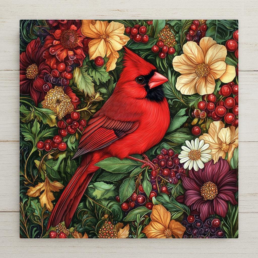 Ceramic tile of a red cardinal among woodland florals and berries in a William Morris Art Nouveau style. A vibrant touch for seasonal or nature décor.