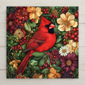 Ceramic tile of a red cardinal among woodland florals and berries in a William Morris Art Nouveau style. A vibrant touch for seasonal or nature décor.