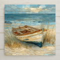A stained glass–style ceramic tile wall art featuring a wooden rowboat resting on a sandy beach with calm ocean waves and a soft coastal sky. This flat ceramic print offers the look of mosaic glass with lasting color, perfect for coastal wall decor, nautical home decor, or beach house interiors. Optional display upgrades available.