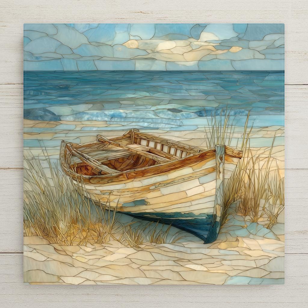 A stained glass–style ceramic tile wall art featuring a wooden rowboat resting on a sandy beach with calm ocean waves and a soft coastal sky. This flat ceramic print offers the look of mosaic glass with lasting color, perfect for coastal wall decor, nautical home decor, or beach house interiors. Optional display upgrades available.
