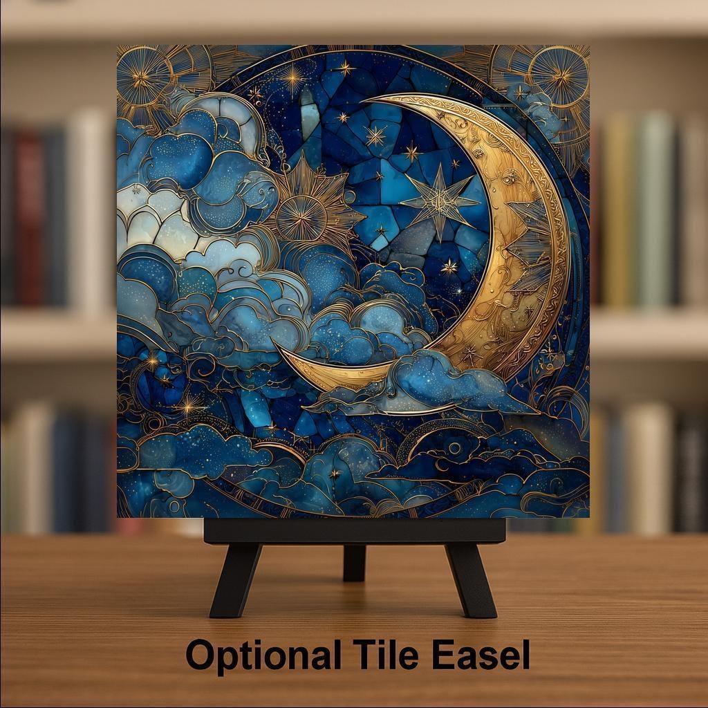 Moon Goddess Stained Glass Style Ceramic Art Tile – Celestial Night Sky Wall Decor, Mystical Spiritual Gift