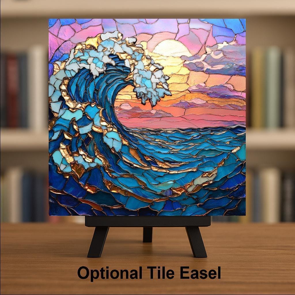 Ocean Wave Sunset Wall Art Ceramic Tile Coastal Gift Stained Glass Style Decor Beach House Art Wave Lover Gift Tile