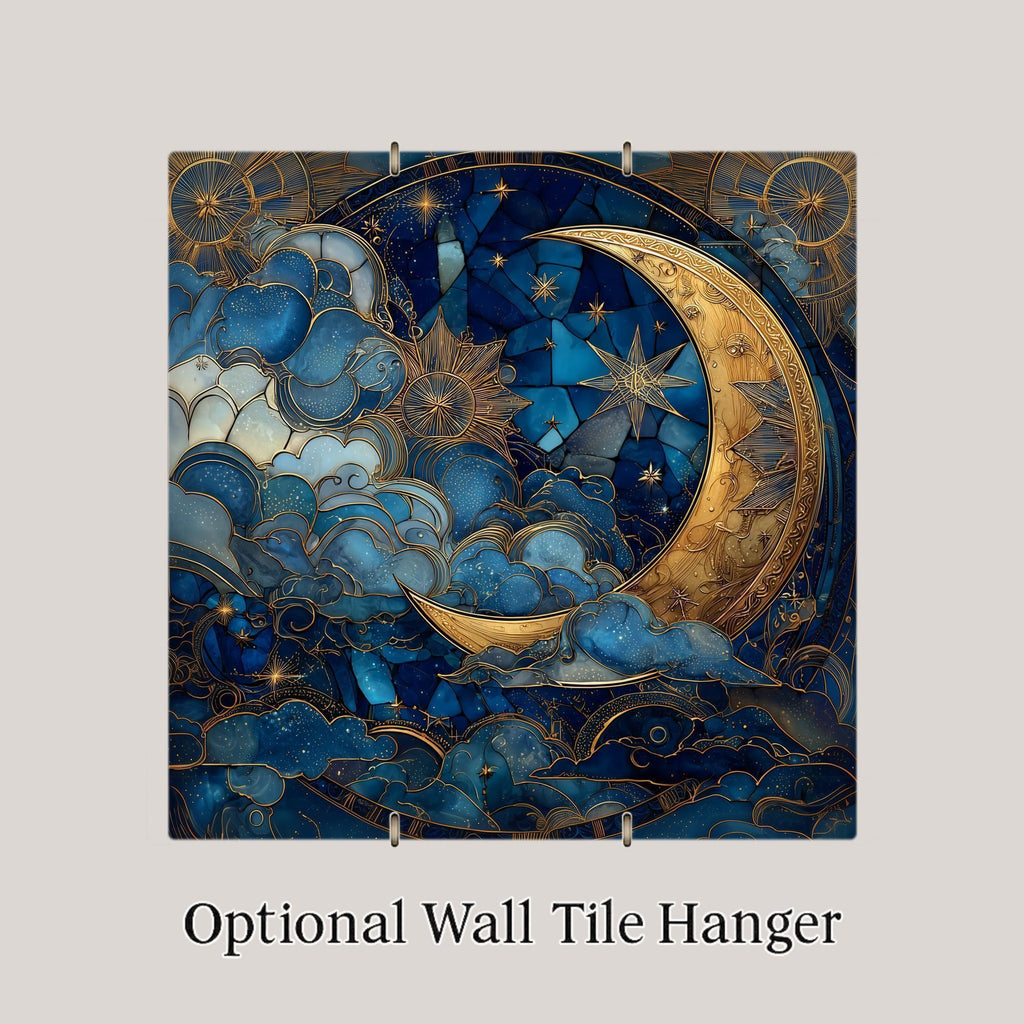 Moon Goddess Stained Glass Style Ceramic Art Tile – Celestial Night Sky Wall Decor, Mystical Spiritual Gift