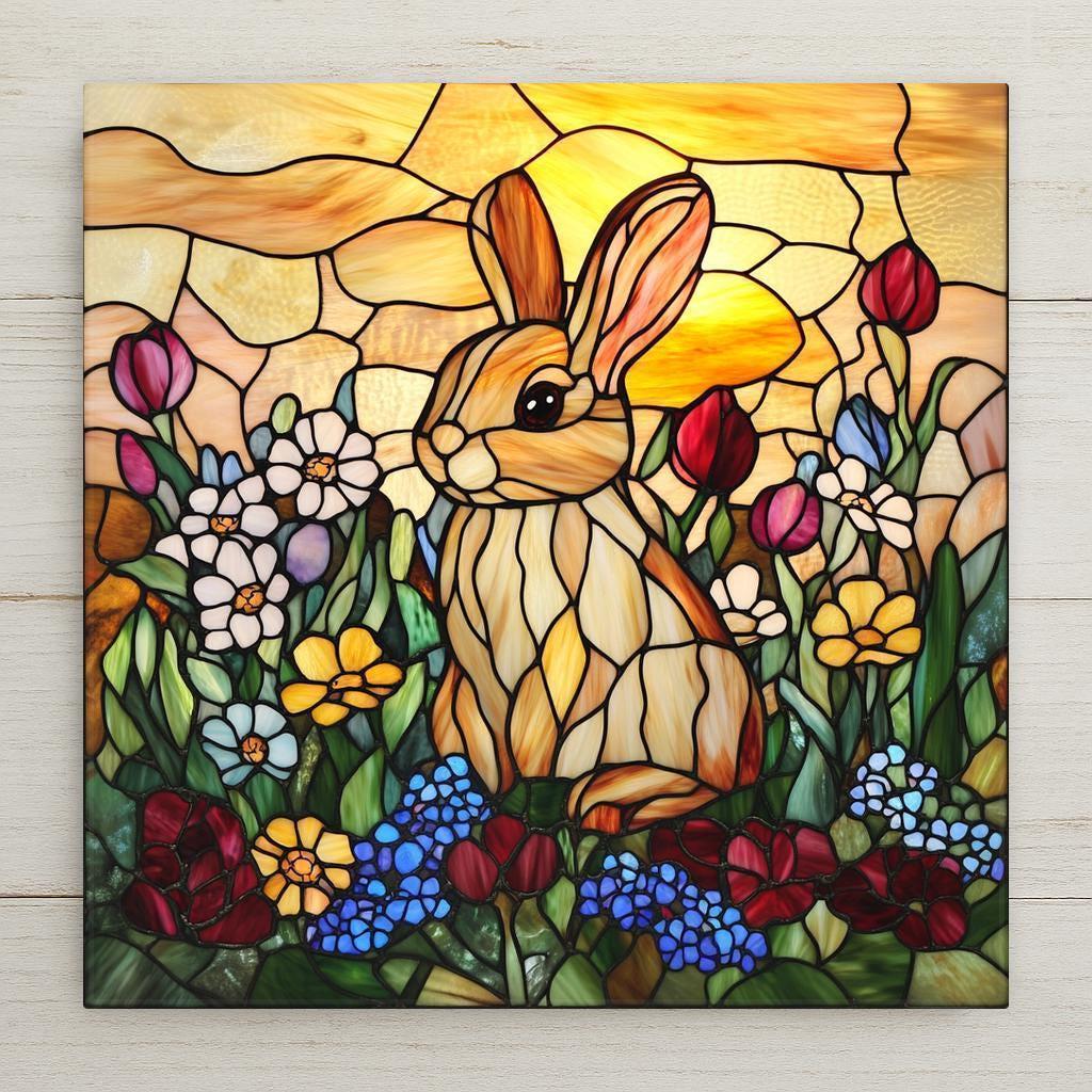 Stained glass sunset bunny tile wall art. A perfect cottagecore ceramic art piece for spring home decor, Easter gift, rabbit wall decor, garden tile, or bunny floral tile.