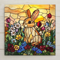 Stained glass sunset bunny tile wall art. A perfect cottagecore ceramic art piece for spring home decor, Easter gift, rabbit wall decor, garden tile, or bunny floral tile.
