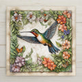 This vibrant ceramic tile features a colorful hummingbird and floral wreath in a rustic farmhouse style. It's a high-resolution permanent print on tile—no real painting or sculpting. Ideal for kitchens, garden rooms, or as a botanical wall accent. Optional tile wall hanger, easel stand, and cork backing available.