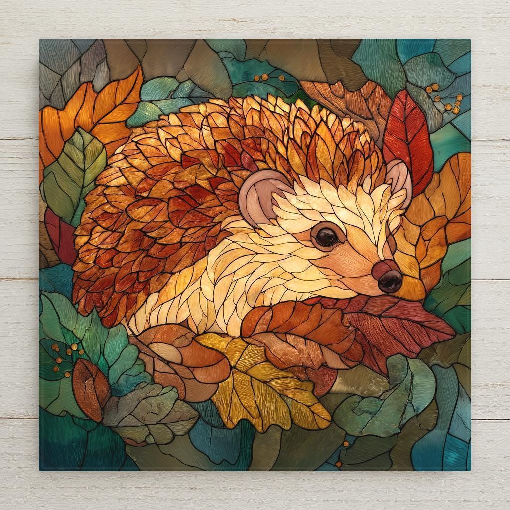 Stained glass style hedgehog ceramic tile nestled in autumn leaves and mushrooms, deep teal and gold palette, a vivid woodland animal lover gift.