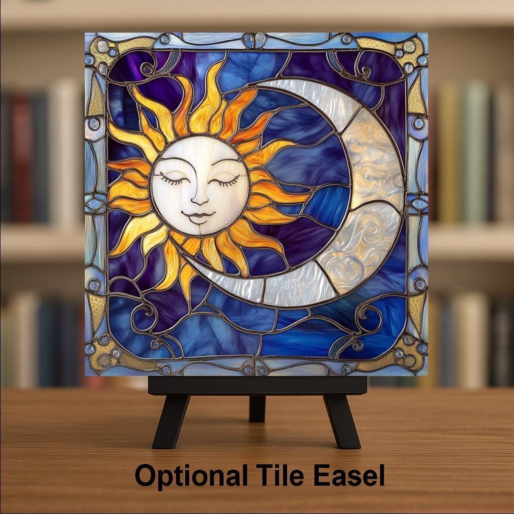 Sun Moon Wall Art Ceramic Tile Stained Glass Style Celestial Gift Boho Decor Moon Phase Astrology Gift for Her Memorial Art