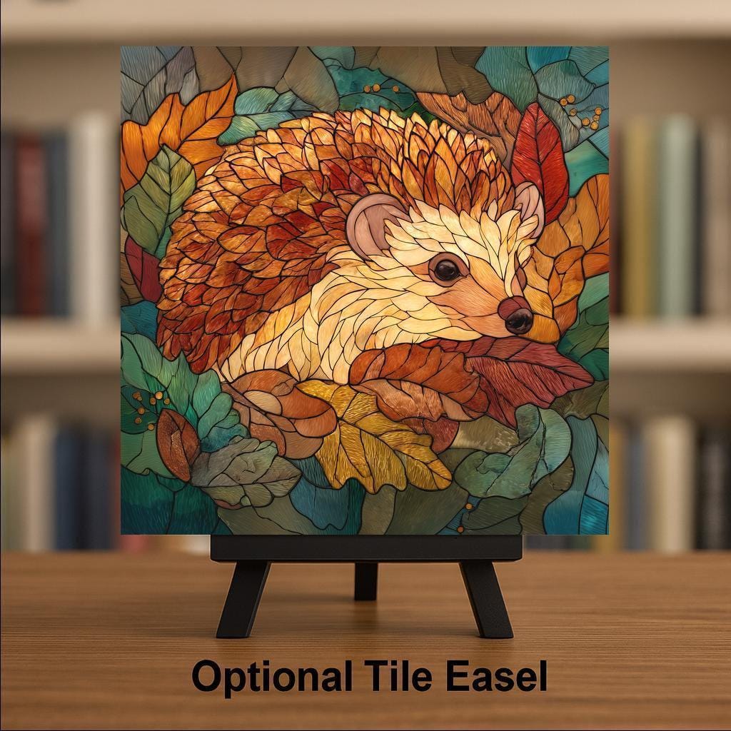 Hedgehog Wall Art Ceramic Tile Stained Glass Style Woodland Gift Forest Animal Decor Hedgehog Lover