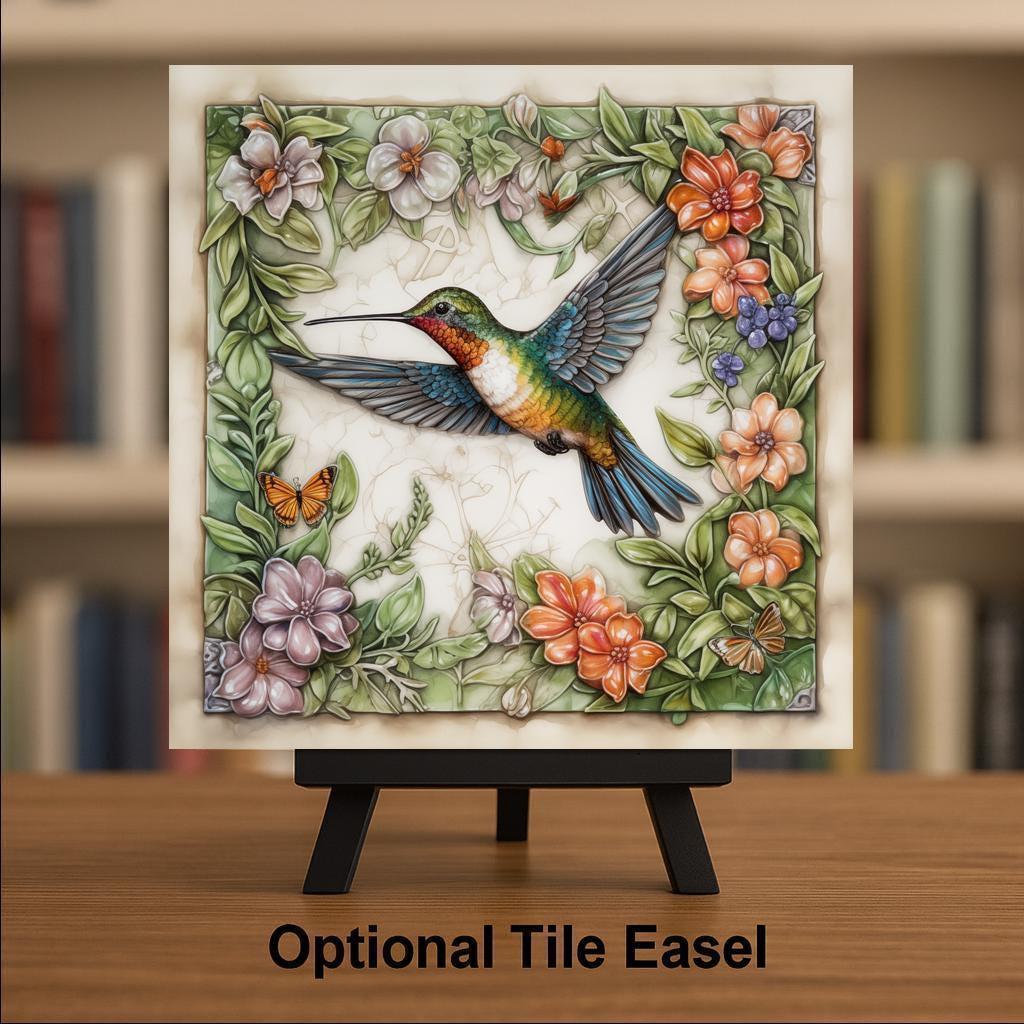 Hummingbird Floral Wreath Wall Art Ceramic Tile Garden Gift Stained Glass Style Decor Bird Art Hummingbird Gift Tile