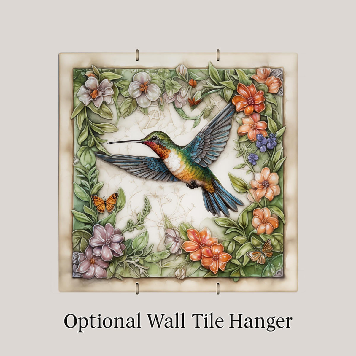 Hummingbird Floral Wreath Wall Art Ceramic Tile Garden Gift Stained Glass Style Decor Bird Art Hummingbird Gift Tile
