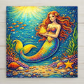 A whimsical mermaid swims through glowing blue ocean water in this stained-glass–style ceramic tile wall art. Bright coral, seashells, bubbles, and sunlight create a dreamy coastal scene perfect for nursery decor, beach house wall decor, or whimsical home decor. Printed artwork on ceramic tile; optional wall hanger, stand, cork backing, or premium frame available.