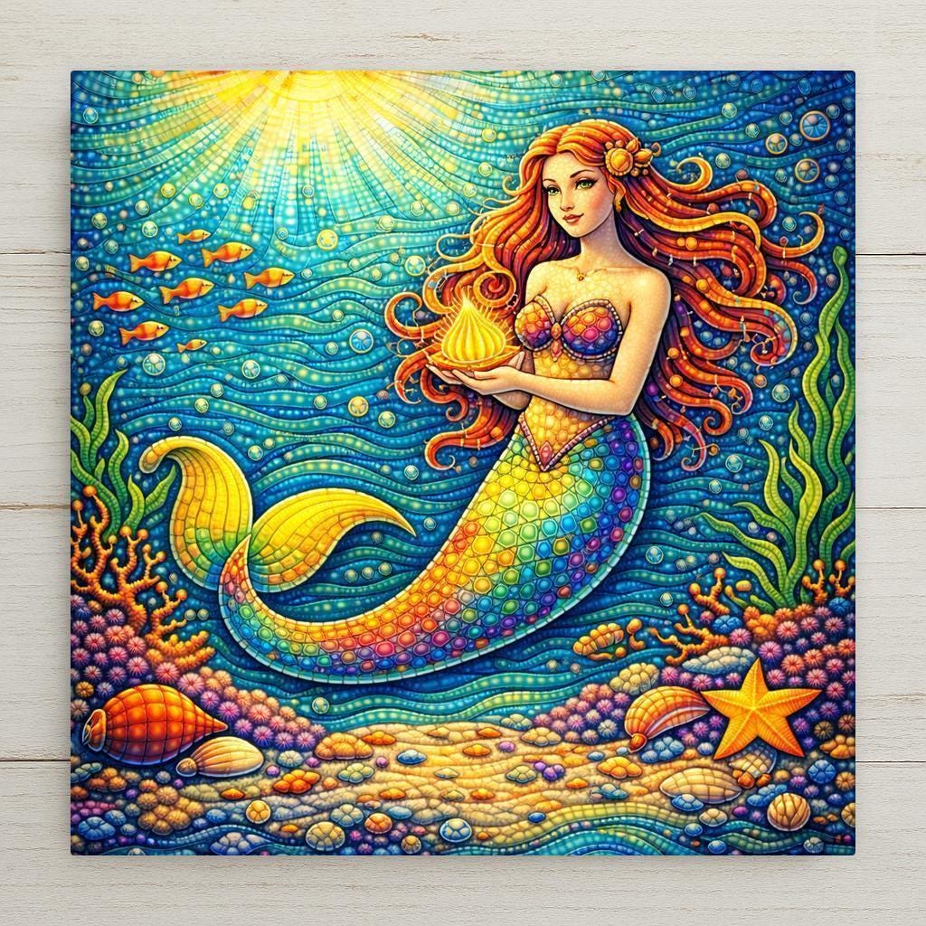 A whimsical mermaid swims through glowing blue ocean water in this stained-glass–style ceramic tile wall art. Bright coral, seashells, bubbles, and sunlight create a dreamy coastal scene perfect for nursery decor, beach house wall decor, or whimsical home decor. Printed artwork on ceramic tile; optional wall hanger, stand, cork backing, or premium frame available.