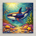 Whimsical orca ceramic tile wall art featuring a colorful killer whale in a stained glass–style ocean scene. Ideal for coastal home decor, beach house interiors, and ocean-themed nursery wall decor. This is a permanent print on ceramic tile, not actual stained glass or mosaic. Optional tile wall hanger, easel stand, cork backing, and premium frame available.