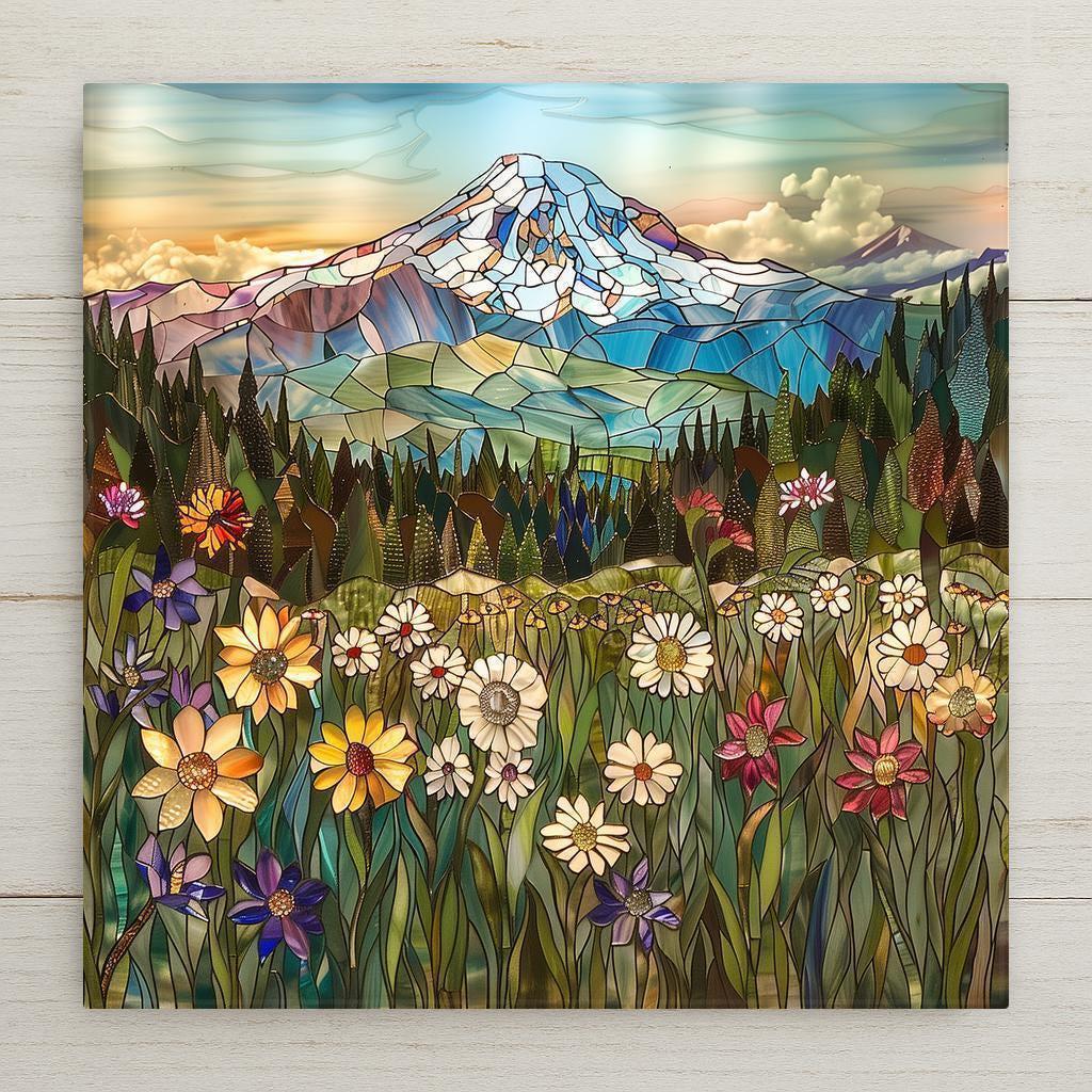Mount Rainier stained glass-style ceramic tile art captures mountain beauty and wildflower charm in vivid color. Perfect wall art and home decor accent. Includes optional tile wall hanger, easel stand, cork backing, or premium frame for wall or tabletop display. (Printed artwork — not real stained glass or mosaic.)