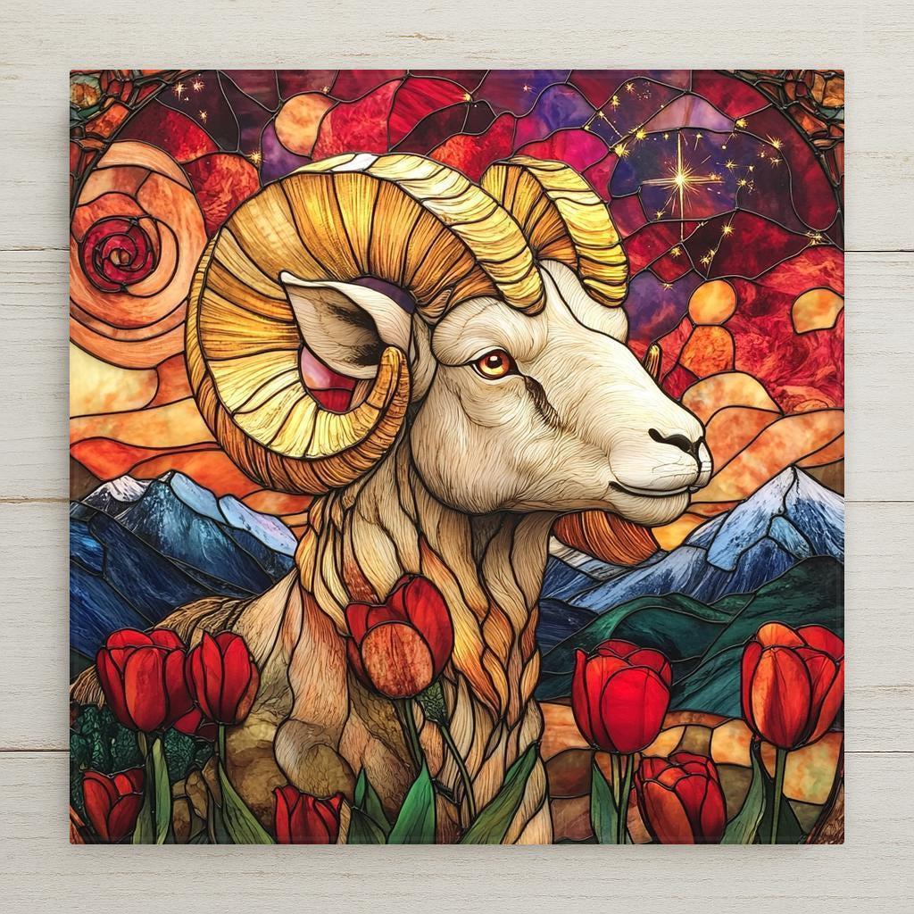 Stained glass style ceramic art tile of an Aries ram with curved horns among red tulips and mountains under a starry constellation, astrology zodiac wall decor in rich red and gold jewel tones.