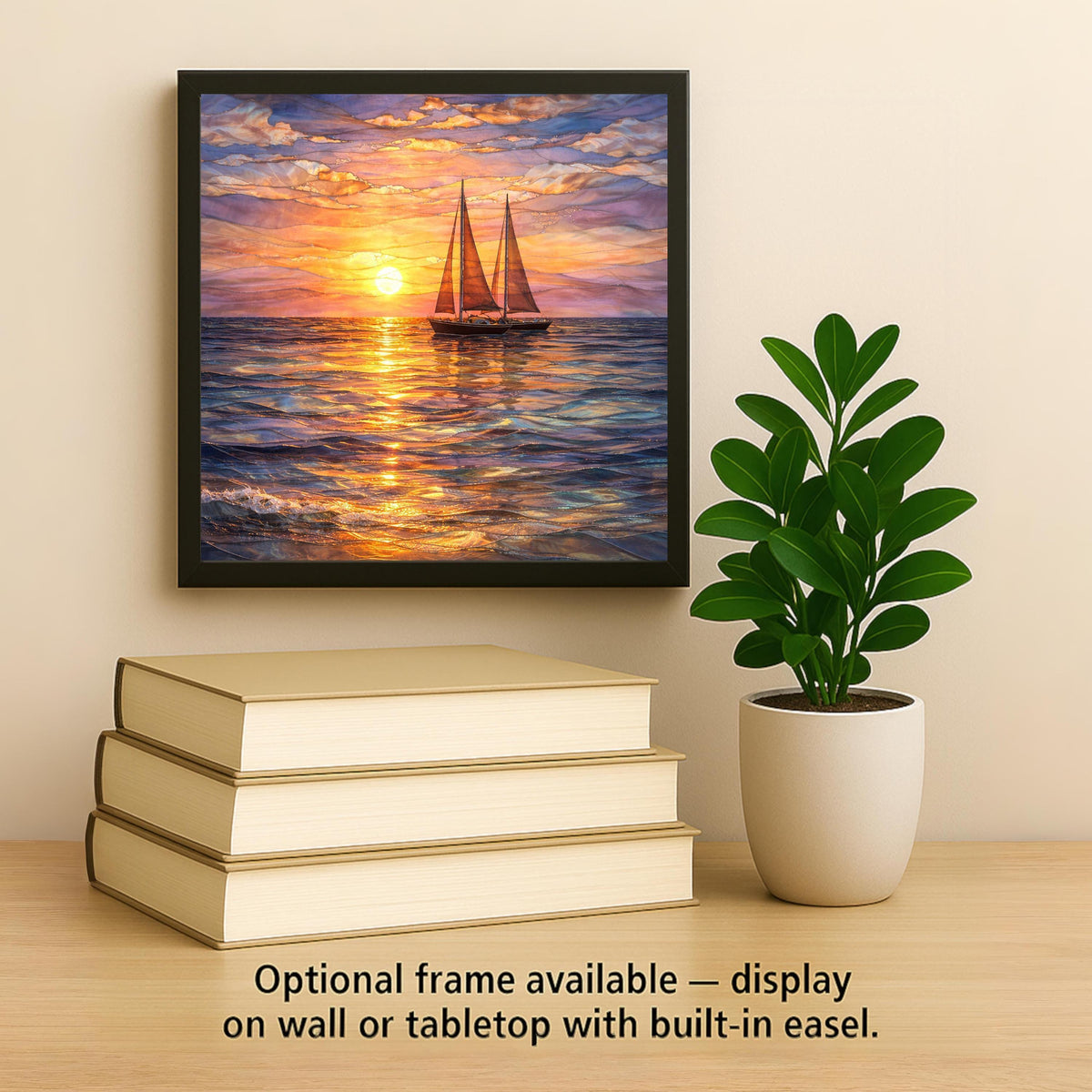 Sailboat Sunset Stained Glass Style Ceramic Art Tile – Coastal Ocean Wall Decor, Nautical Sailing Gift