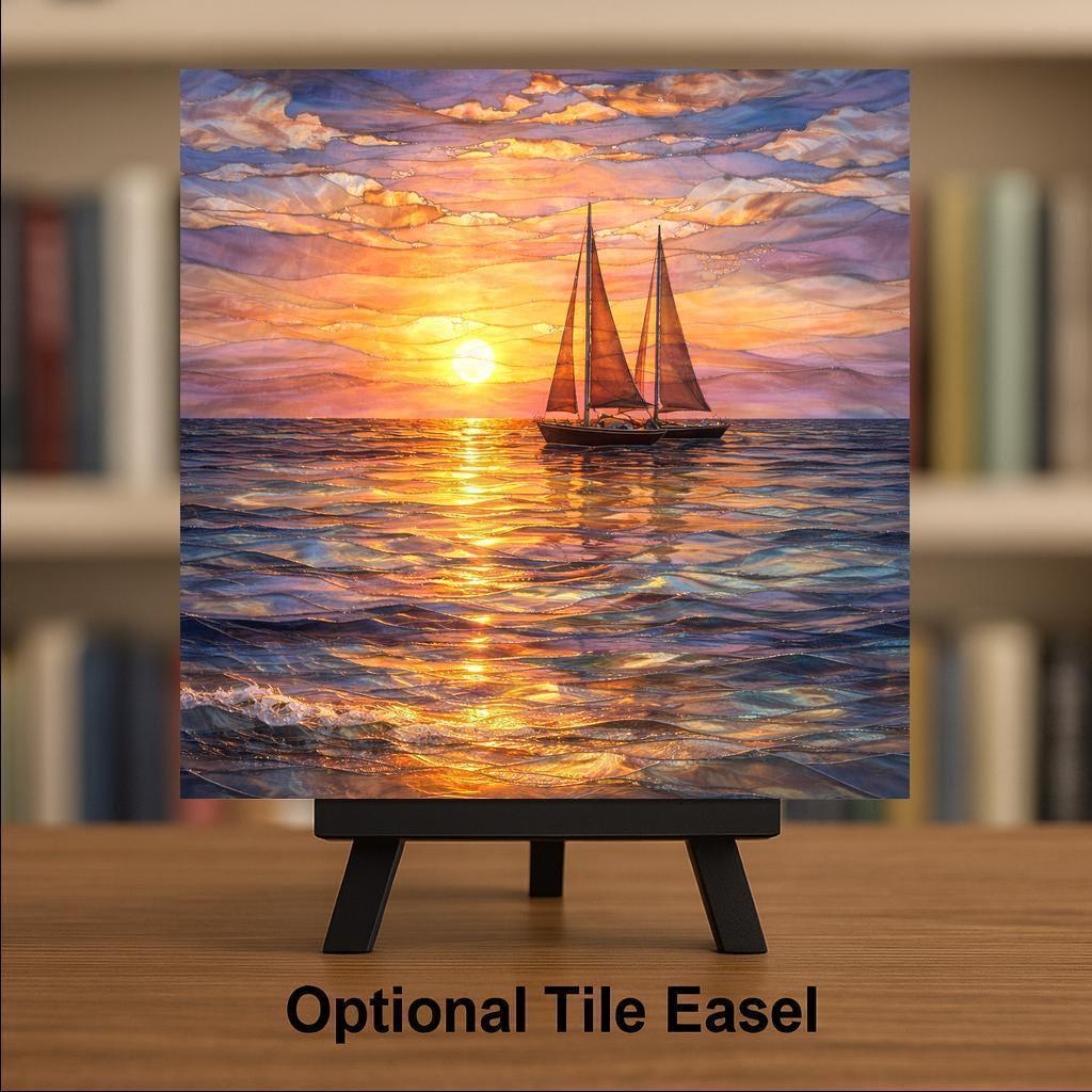 Sailboat Sunset Stained Glass Style Ceramic Art Tile – Coastal Ocean Wall Decor, Nautical Sailing Gift