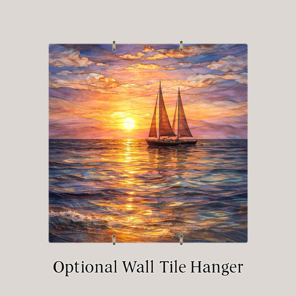 Sailboat Sunset Stained Glass Style Ceramic Art Tile – Coastal Ocean Wall Decor, Nautical Sailing Gift