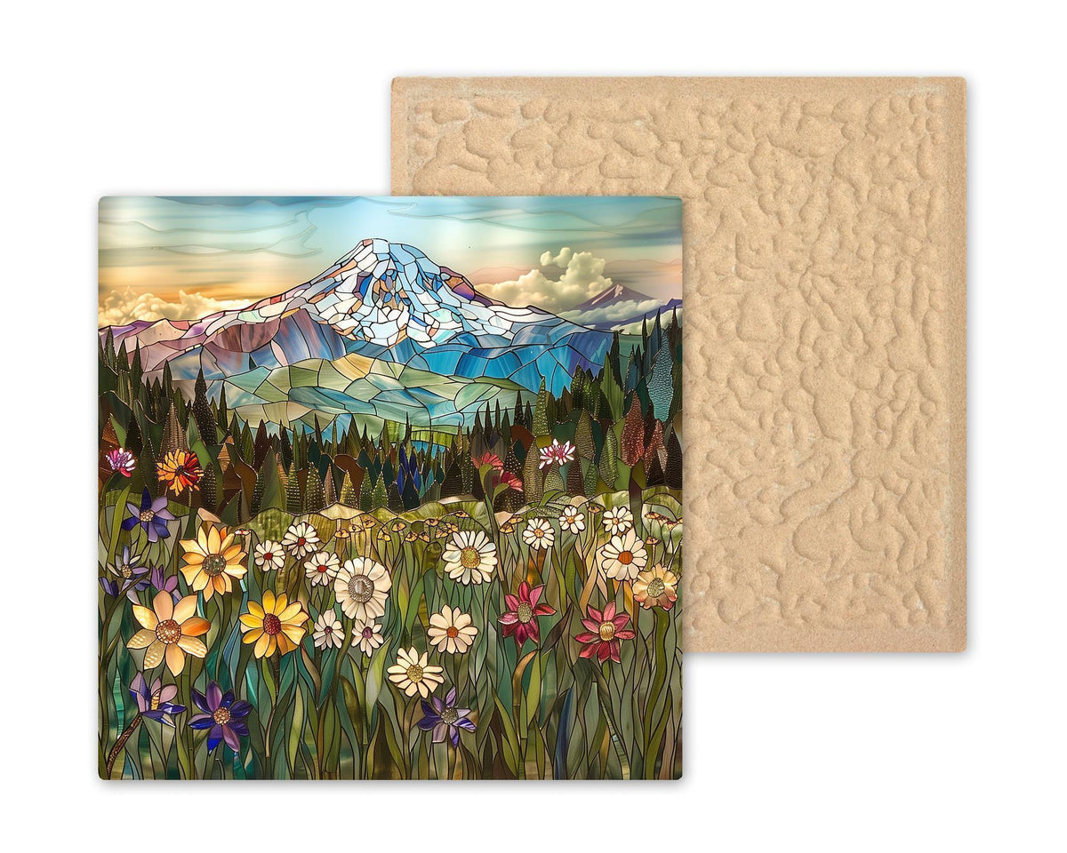 Mount Rainier Wall Art Ceramic Tile Stained Glass Style Washington Gift Wildflower Decor PNW Nature Place Identity