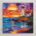 Lighthouse Stained Glass Ceramic Tile Art with glowing coastal sunset, ocean waves, and nautical charm. Perfect for seaside décor, beach cottages, or as a gift for lighthouse lovers. Optional add-ons: tile wall hanger, easel tile stand, cork backing.