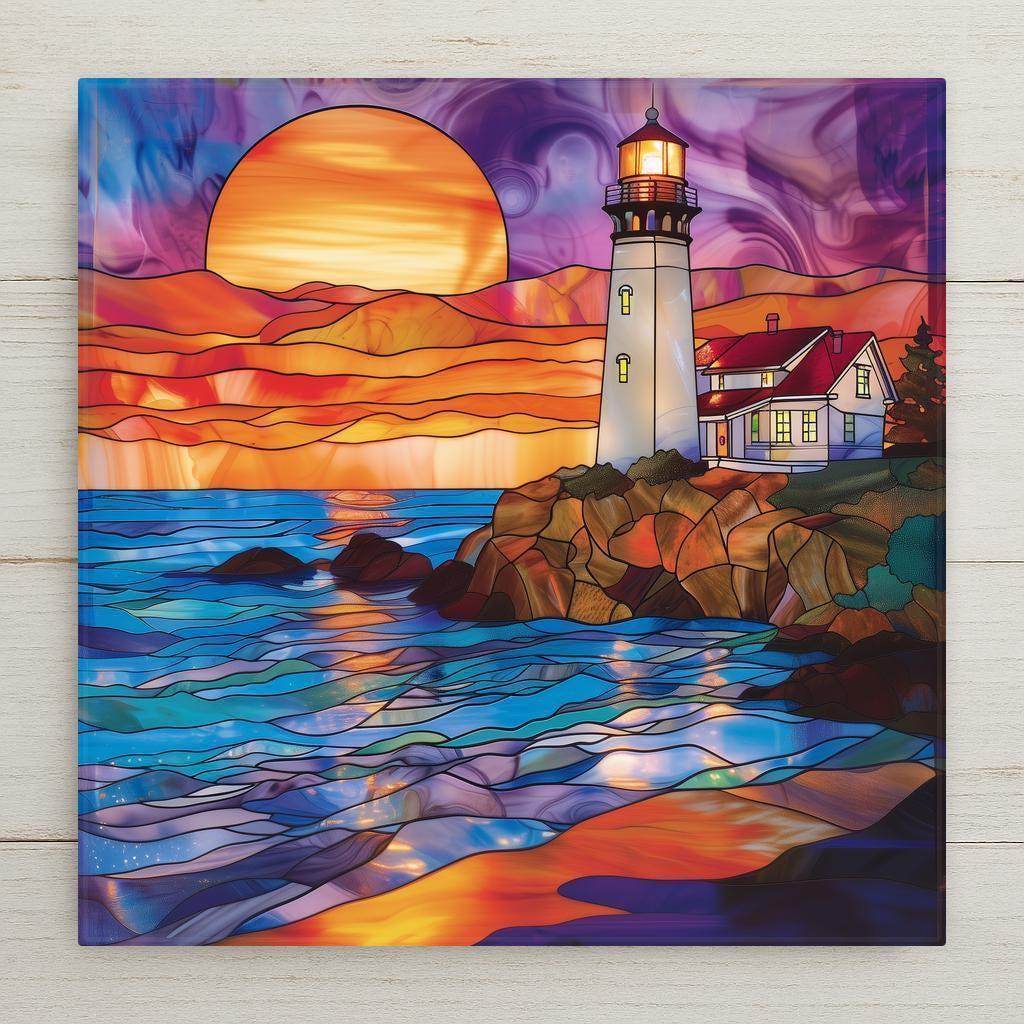 Lighthouse Stained Glass Ceramic Tile Art with glowing coastal sunset, ocean waves, and nautical charm. Perfect for seaside décor, beach cottages, or as a gift for lighthouse lovers. Optional add-ons: tile wall hanger, easel tile stand, cork backing.