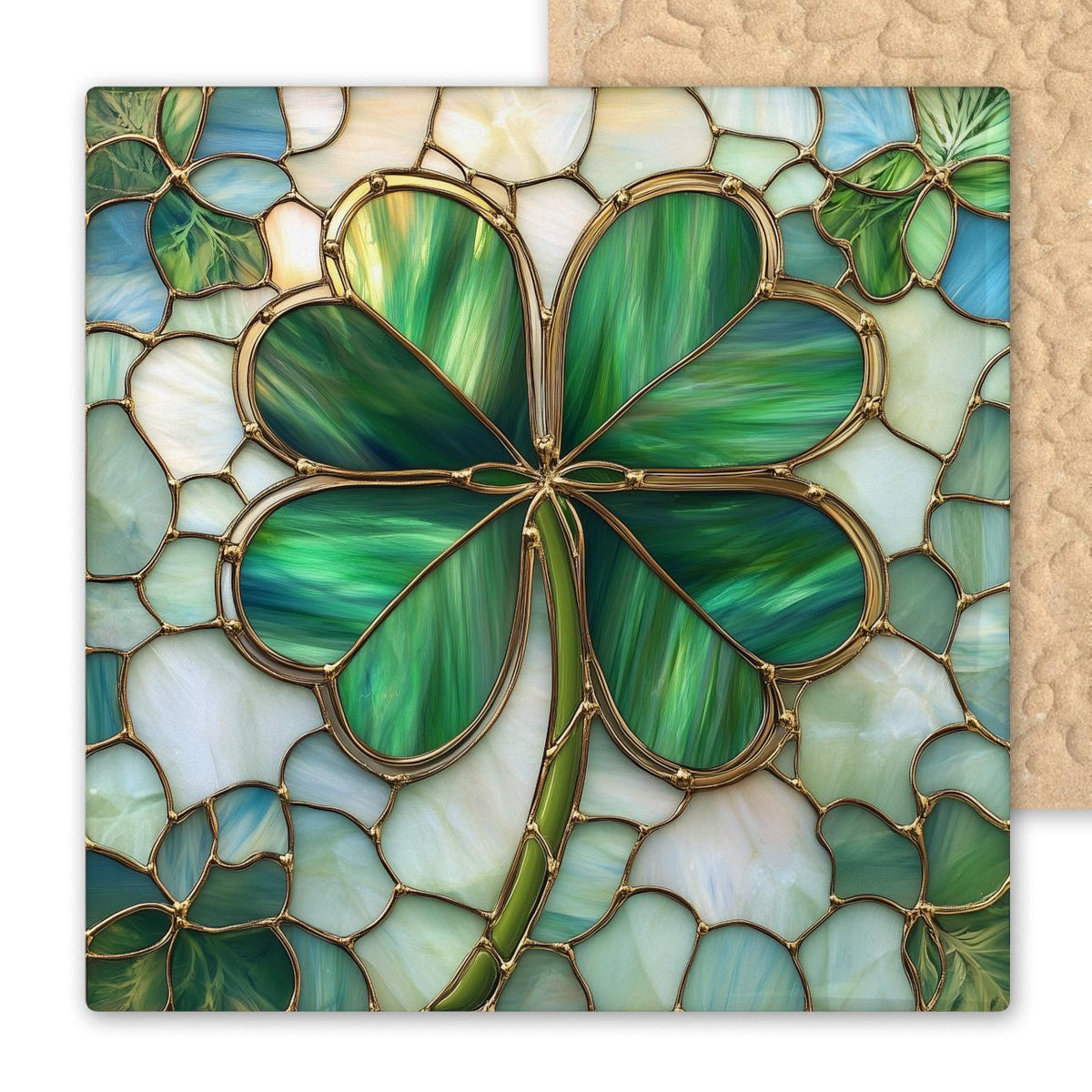 A beautiful four-leaf clover ceramic art tile in a stained-glass style. Features gold-outlined leaves in lush greens with soft blossoms on a vibrant aqua background. A perfect Irish-themed gift, lucky charm, or nature-inspired home accent.