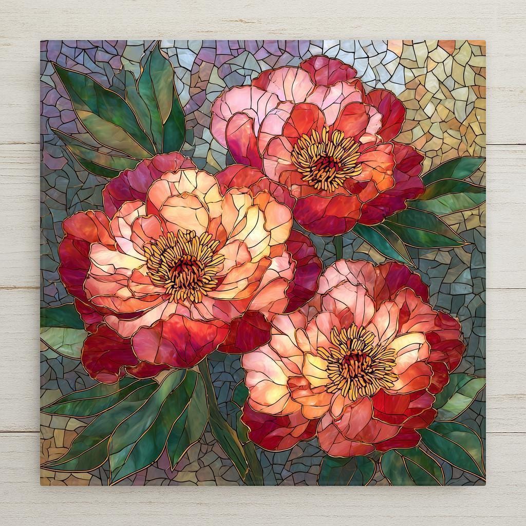 Mosaic style peony ceramic tile showing three coral and blush peonies with green leaves against a blue-grey tesserae background, pink floral wall art