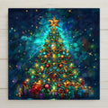 Stained glass–style ceramic tile featuring a glowing Christmas tree with ornaments, star, and wrapped presents home decor. While it may look like stained glass or mosaic, this is a permanent print on tile. Printed with premium inks for lasting vivid color. Optional add-ons include a tile wall hanger, easel tile stand, or cork backing. Perfect for holiday wall art, festive décor, or meaningful Christmas gifts.