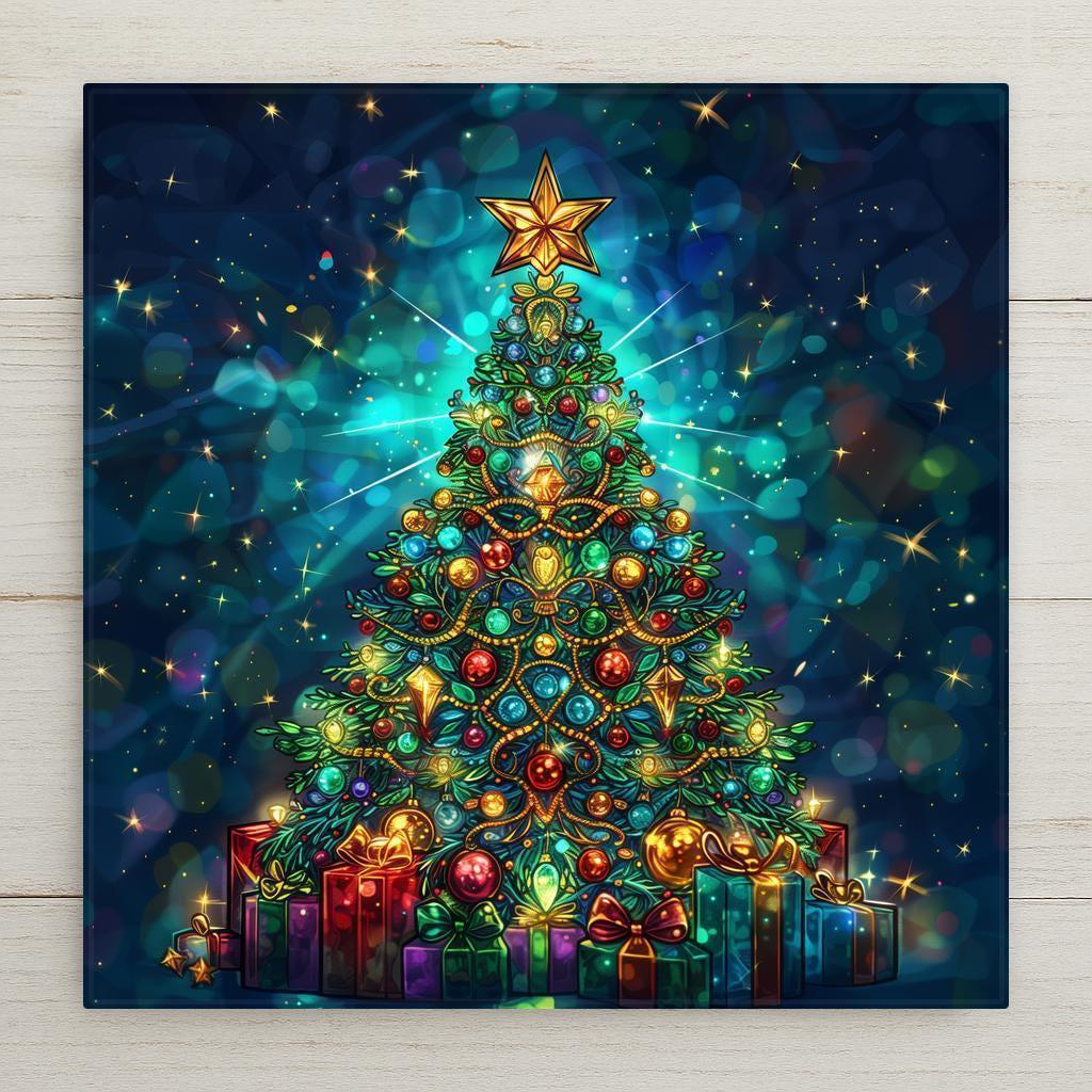 Stained glass–style ceramic tile featuring a glowing Christmas tree with ornaments, star, and wrapped presents home decor. While it may look like stained glass or mosaic, this is a permanent print on tile. Printed with premium inks for lasting vivid color. Optional add-ons include a tile wall hanger, easel tile stand, or cork backing. Perfect for holiday wall art, festive décor, or meaningful Christmas gifts.