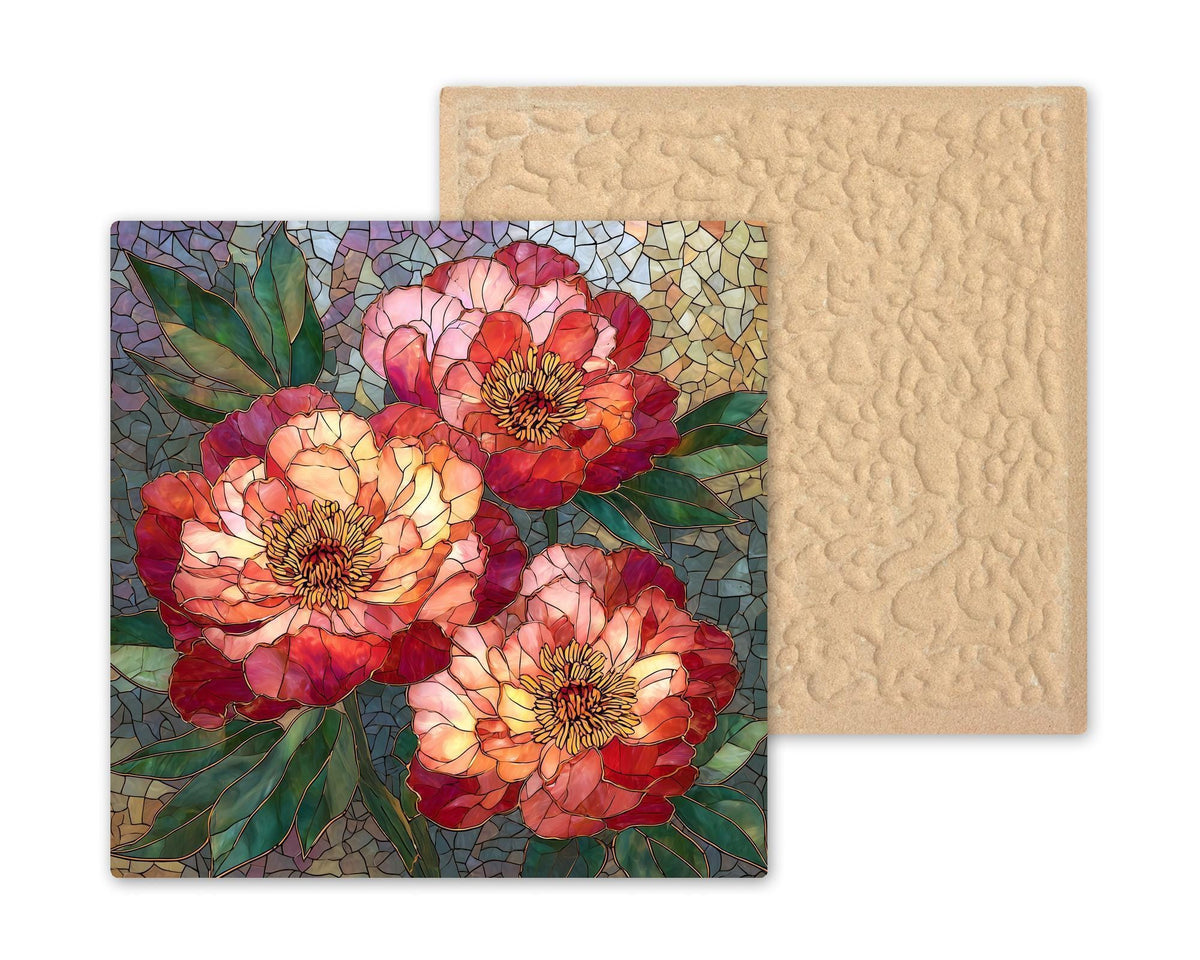 Peony Wall Art Ceramic Tile Mosaic Style Pink Floral Decor Coral Flower Tile Garden Bloom Bedroom Floral Nature Art