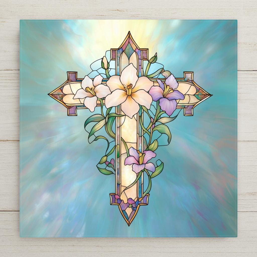 Stained glass style ceramic art tile showing an ornate cross framed by white Easter lilies and lavender blooms on a soft blue background, William Morris inspired Christian faith and sympathy wall decor.