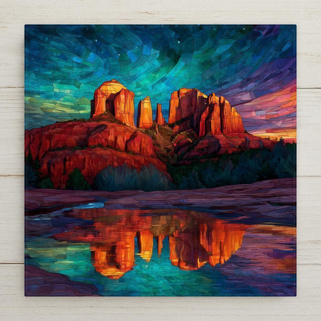 Stained glass style ceramic tile featuring Sedona’s Cathedral Rock glowing at sunset with a vivid water reflection. Rich jewel tones of red, turquoise, and amber create a luminous desert landscape. Perfect for wall art, gifting, or Southwestern décor. Optional tile wall hanger, easel stand, cork backing, and premium frame available for versatile display.