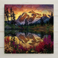 Stained glass-style ceramic tile of Mt. Shuksan with Picture Lake at sunrise, featuring vibrant wildflowers and glowing reflections. A stunning piece of mountain wall art and nature décor. Optional tile wall hanger, easel stand, cork backing, or premium frame (for wall or tabletop display) available.
