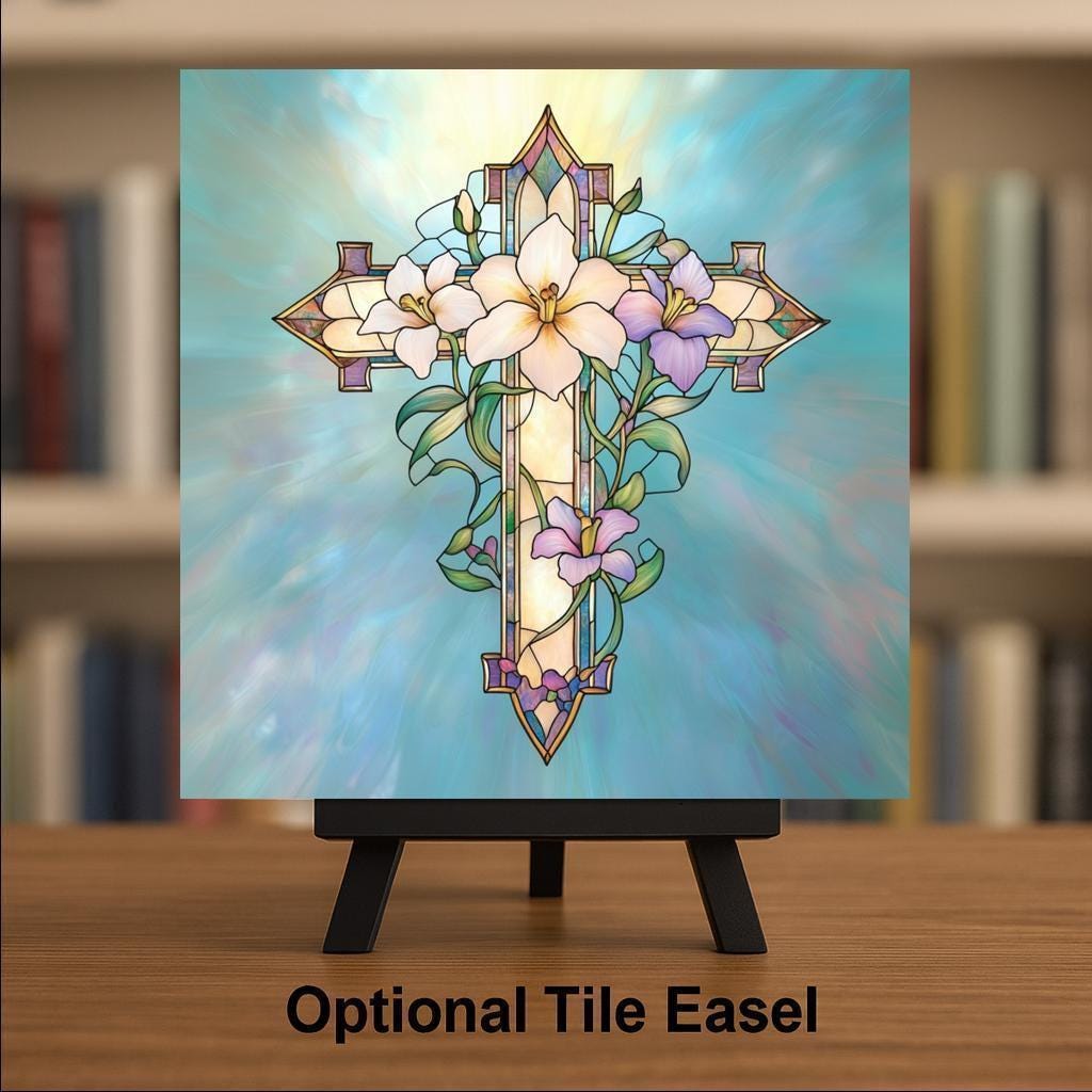 Cross Stained Glass Style Ceramic Art Tile – Easter Lily Christian Faith Wall Decor, William Morris Sympathy Accent